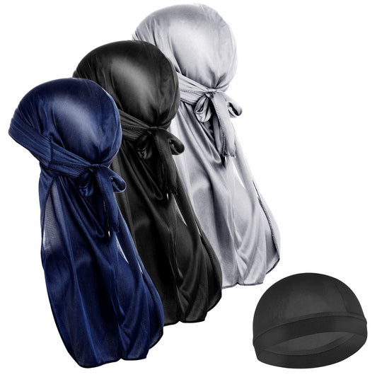 Silky Durags for Men Women, 3PCS 360 Waves with 1 Wave Cap Long Tailed Turban Headwear Elastic Durags Soft Breathable Stocking Wave Caps for Men Women Running Fitness Cycling Hiking Camping(Silver)