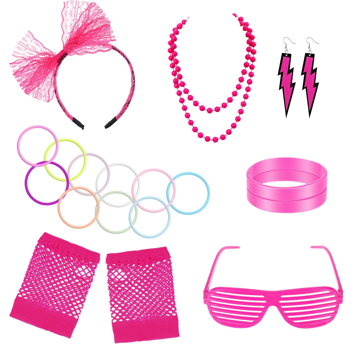Wanmu 80s Outfit for Women, Fancy 80s Accessories for Women with Retro Headband Earrings Fishnet Gloves, Necklace Bracelet Leg Warmers & Eyeglass Frame for Halloween Party