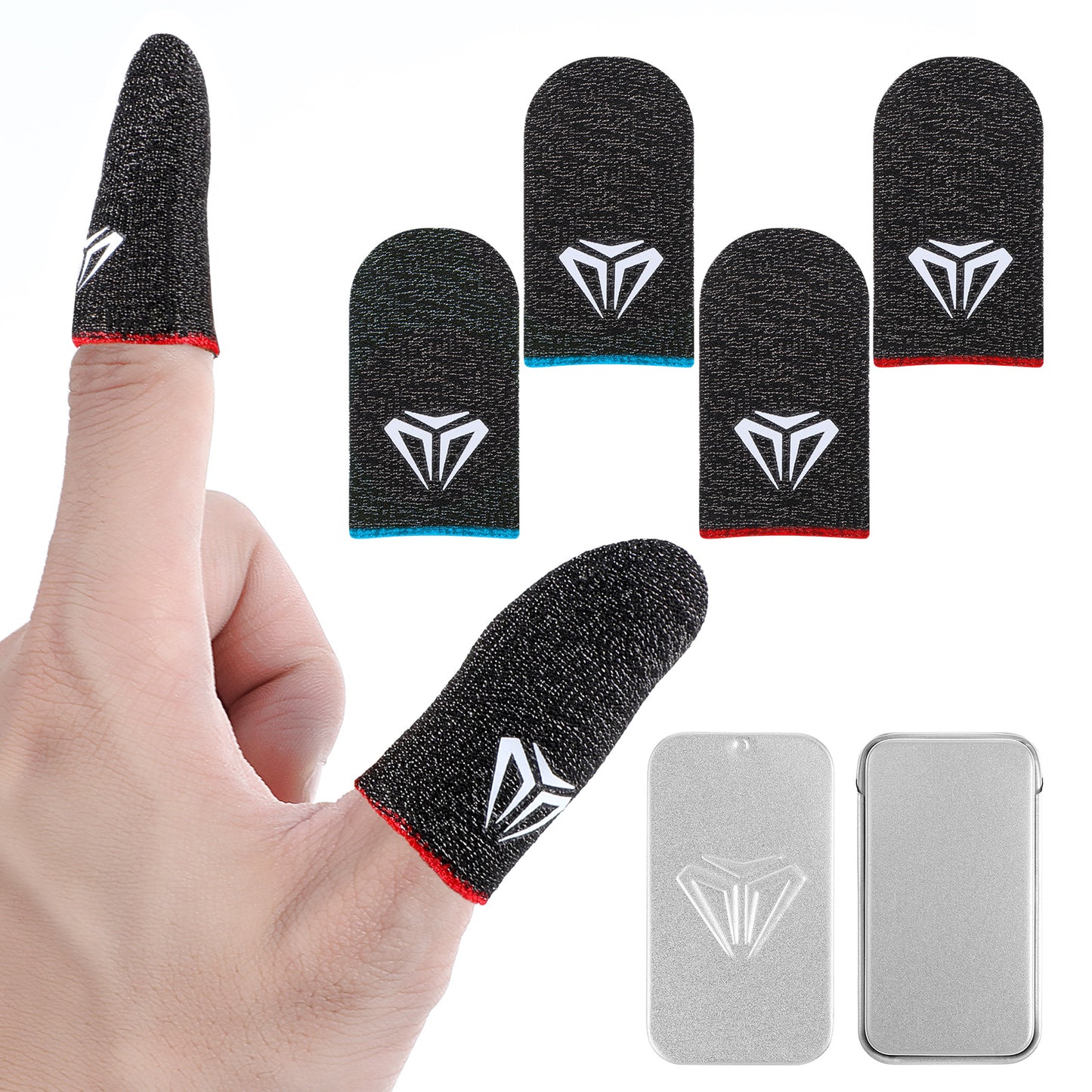 Gjinxi Thumb Sleeves for Mobile Gaming, 4 PCS Silver Fibre Touch Screen Finger Sleeves, Ultra Thin Anti Sweat Thumb Sleeve Finger Covers Phone Tablet Touchscreen Fingers Gloves Protectors (Red + Bule)