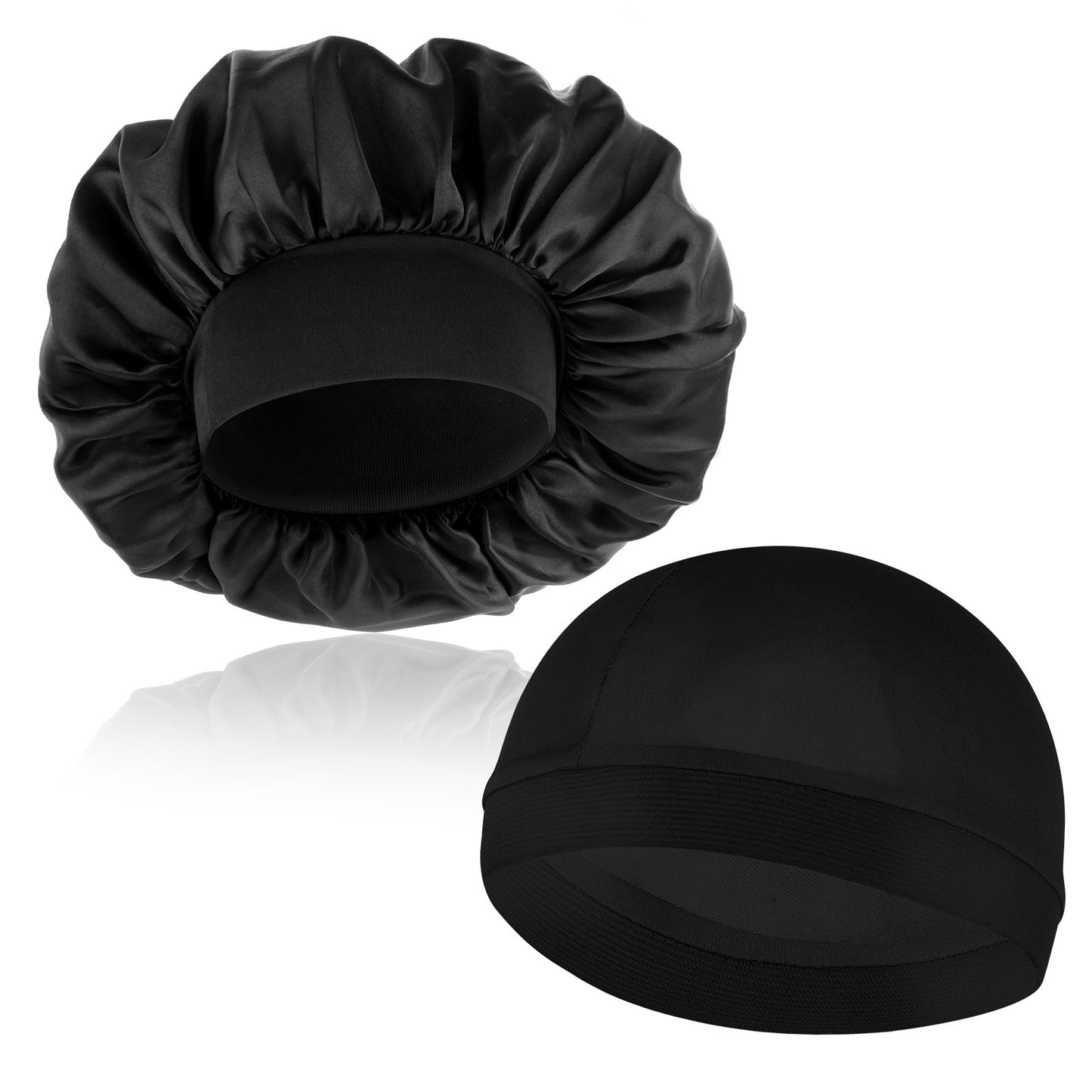 Wanmu Silk Bonnet with Wave Caps, Soft Satin Hair Bonnets & Compression Cap, Elastic Band Sleep Hat for Sleeping Men Women Natural Curly Hair (Black)