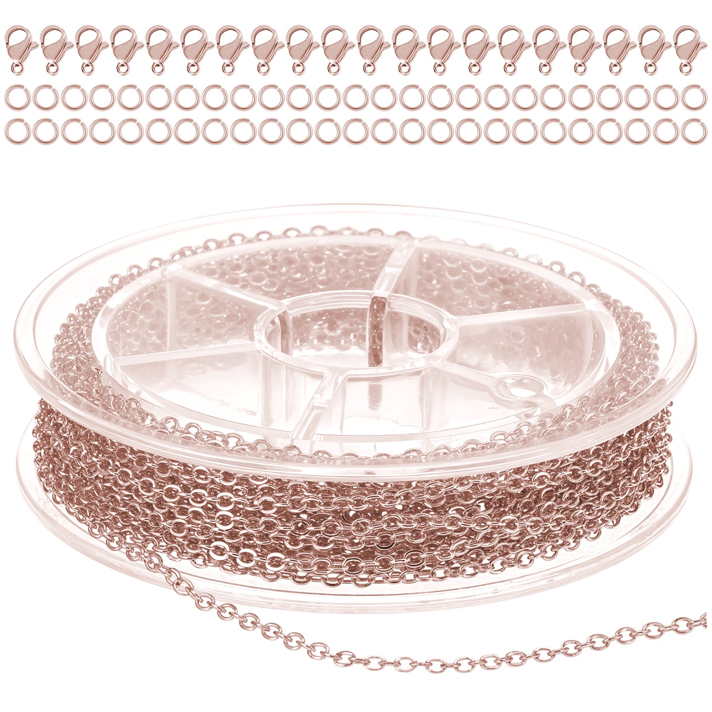 COMNICO 33ft(10m) Stainless Steel Jewelry Chain 1.5mm DIY Craft Links Supplies Findings for Making Necklace Earring Bracelet, Metal Cable Roll 20pcs Lobster Clasps 50pcs Jump Rings (Rose Gold)