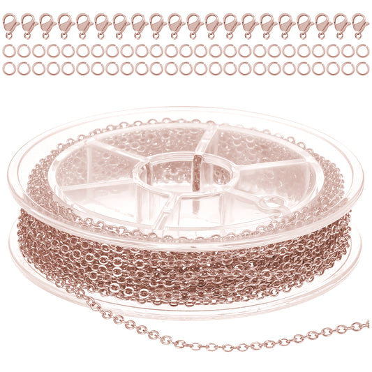 COMNICO 33ft(10m) Stainless Steel Jewelry Chain 1.5mm DIY Craft Links Supplies Findings for Making Necklace Earring Bracelet, Metal Cable Roll 20pcs Lobster Clasps 50pcs Jump Rings (Rose Gold)