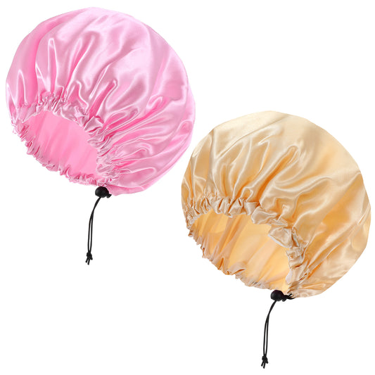Shower Caps for Women 2pcs Elastic Reusable Bath Caps Double Waterproof Layers Shower Cap Bathing Shower Bonnet Adjustable Bath Hair Hat Sleep Shower Caps for Curly Long Hair