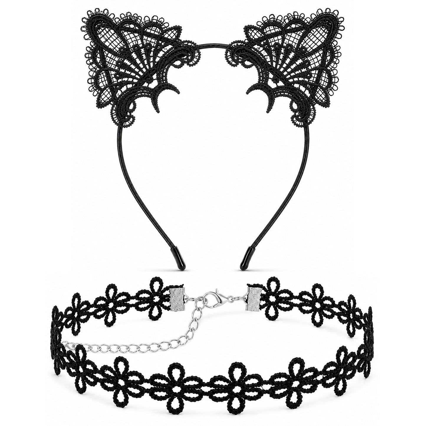 Heclia 2Pcs Lace Cat Ear Headband Collar Halloween Party Costume