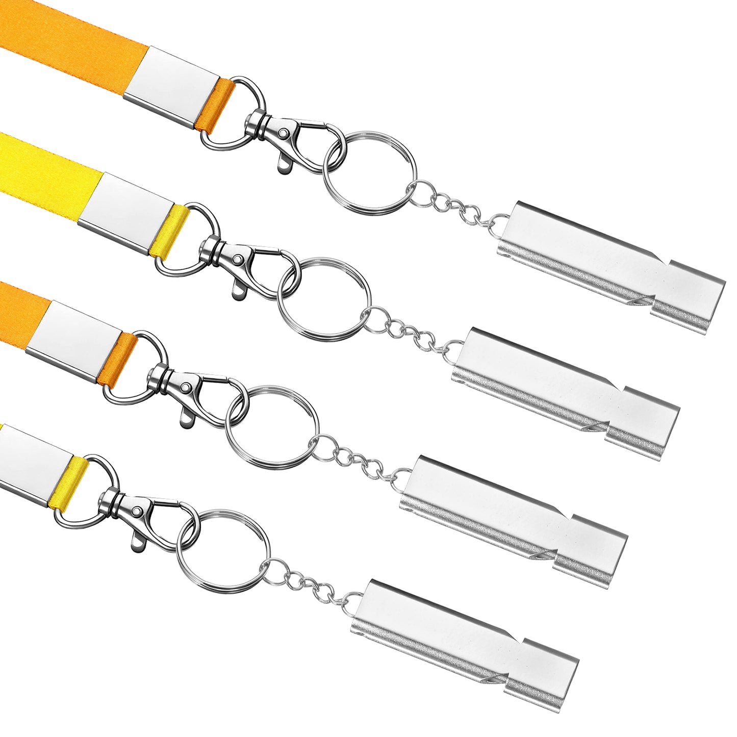 Qianyu 4 PCS Emergency Whistles and Breakaway Lanyard Aluminum Survival Whistles with Keychain Double Tube High Frequency Whistle for Outdoor Teacher Volunteer Hiking Camping Dog Training Coaching