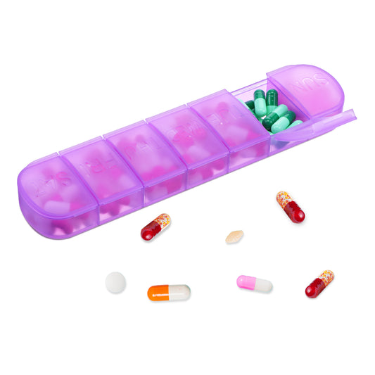 Sibba Pill Organizer 1x Portable Medicine Box Weekly Container Daily 7 Day Medication Case Holder Supplement Tablet Dispenser Internal Compartment Vitamin Sorter Personal Pillbox Storage Travel Purple