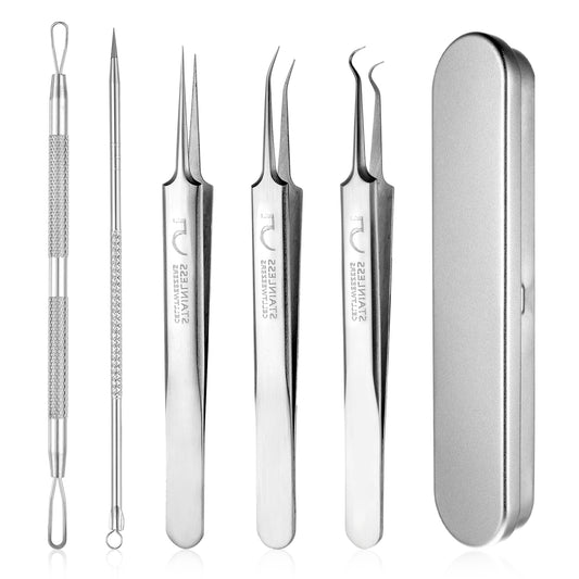5 Pcs Blackhead Remover Tweezers Ingrown Hair Extractor Tool Kit Skin Popping Remover Clip Set Removing Popper Tools for Face Nose Eye Beauty Care Girls Women