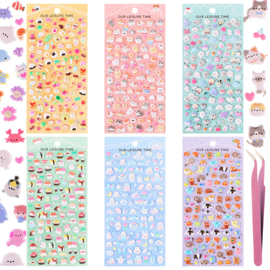 600+ Mini Puffy Stickers Cute 3D Small Tiny Sticker Set Mini Japanese Stickers Includes Cartoon Animal Cats Bread for Adults Women Phone Case Notebook Scrapbooking Water Bottle Laptop 6 Sheets