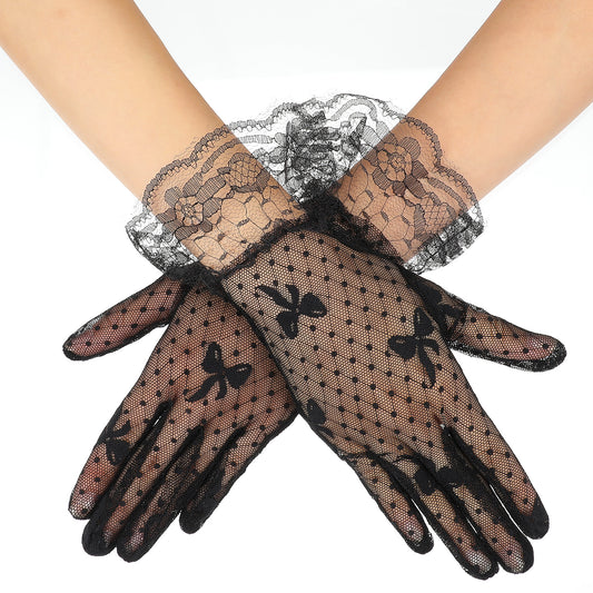 COMNICO Ladies Short Lace Gloves Elegant Mesh Cutout Fishnet Sleeves 1920s Halloween Cosplay Gloves Floral Hand Accessories Bride Wedding Dinner Dress Evening Costume for Women Tea Party Opera (Black)