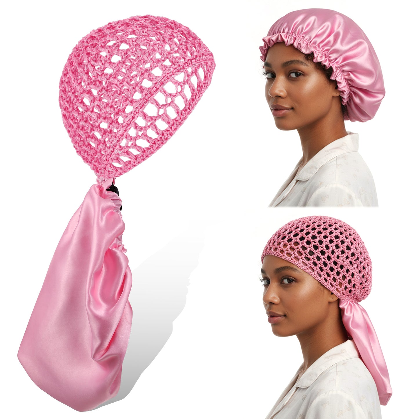 2 In 1 Wrap Cap Bonnet, Reversible Hair Wrap Net Adjustable Double Layered Hair-Wrap Caps Silk Curly Hair Bonnet Braid Protection Press Cap for Sleeping Natura Long Braided Hairs Pink