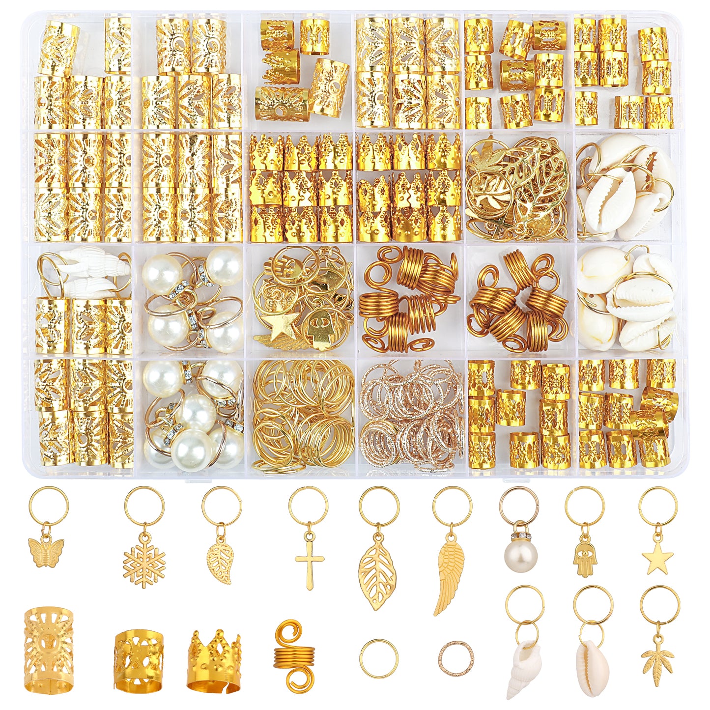 230Pcs Gold Hair Jewelry for Braids Loc Jewelry for Hair Dreadlock Metal Gold Braids Rings Cuffs Clips Adjustable Cuffs Braiding for Dreadlock Accessories Clips Rings Extensions Decorations(gold)