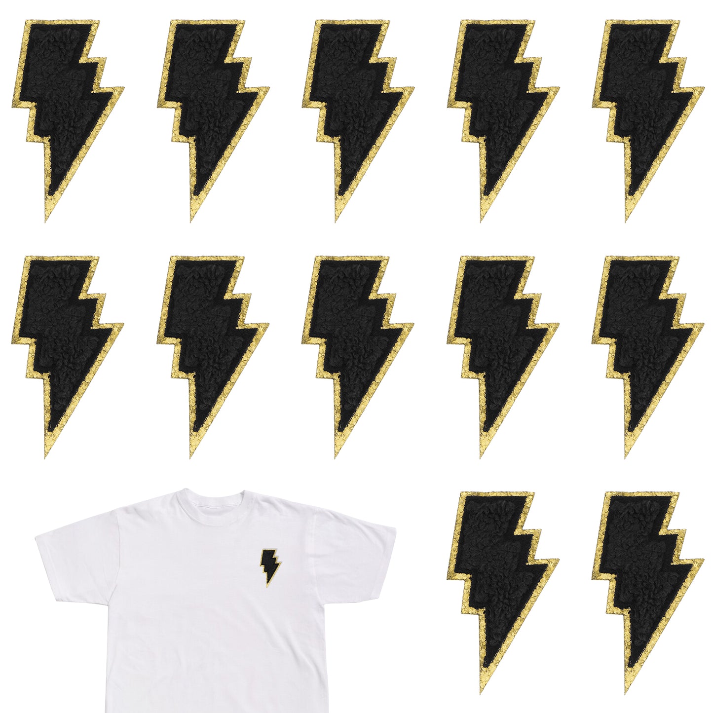 12 Pcs Golden Edges Lightning Iron On Patch, Chenille Embroidery Patche Self-Adhesive Bolt Patch DIY Decor Patches for Clothing Jeans Jackets Backpacks Hats Shirts(Black)