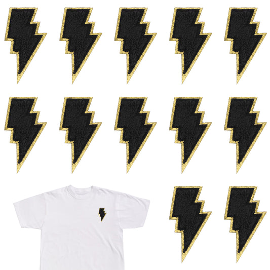 12 Pcs Golden Edges Lightning Iron On Patch, Chenille Embroidery Patche Self-Adhesive Bolt Patch DIY Decor Patches for Clothing Jeans Jackets Backpacks Hats Shirts(Black)