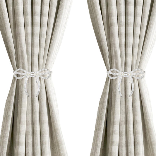 2Pack Magnetic Curtain Tiebacks Bow Pearl Curtain Holdback Clips High Elastic Curtains Buckle Clips Elegant White Pearl Drapery Tiebacks for Home Office Window Decoration