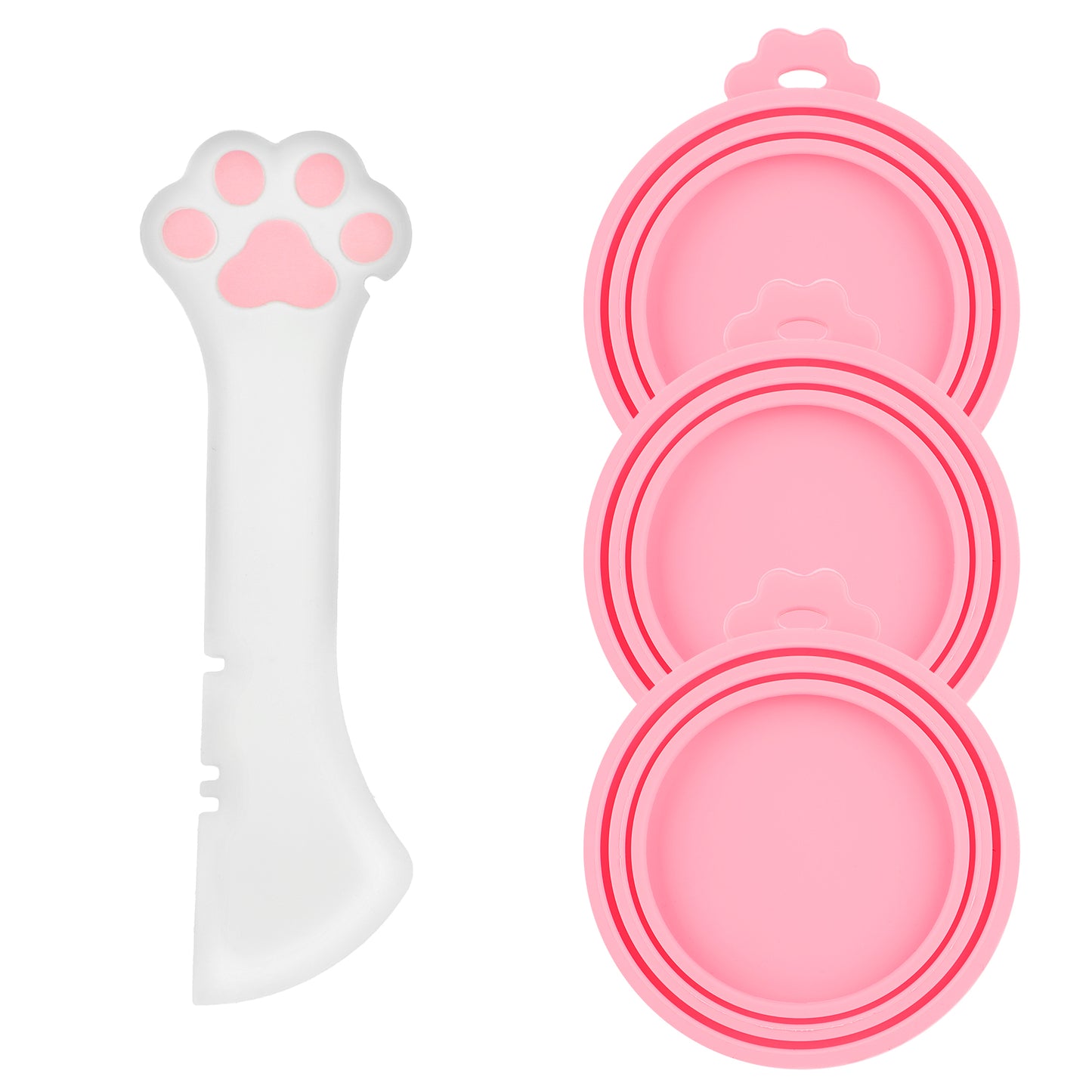 3 Pcs Pet Food Can Lids with 1 Can Opener Spoon Silicone Cat Wet Food Covers Cute Paw Shape Scooper Kit Universal Fresh-Keeping Cup Set for Dogs Snack Storage Container