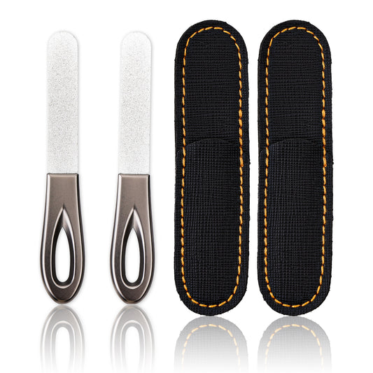 Sibba 2Pcs Metal Nail Files with Leather Case, Stainless Steel Double Sided Nail File with Anti-Slip Handle, Mini Thin Easily Grinding Nails File for Men Women