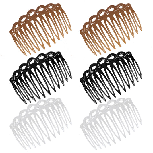 COMNICO 6 Pcs French Hair Side Combs, Women Hair Comb Accessories Plastic Twist Decorative Comb Hair Clips 3 Colors Bridal Wedding Veil Teeth Hair Combs (black, white, light brown)