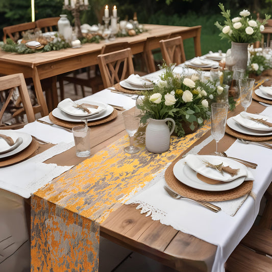 Dimeho 2 Pcs Gold Table Runner, Glitter Foil Metallic Gold Thin Mesh Table Runner Roll 11 x 108 Inch Long Gold Fall Centerpiece Table Decorations for Wedding Birthday Party Christmas Table Decor