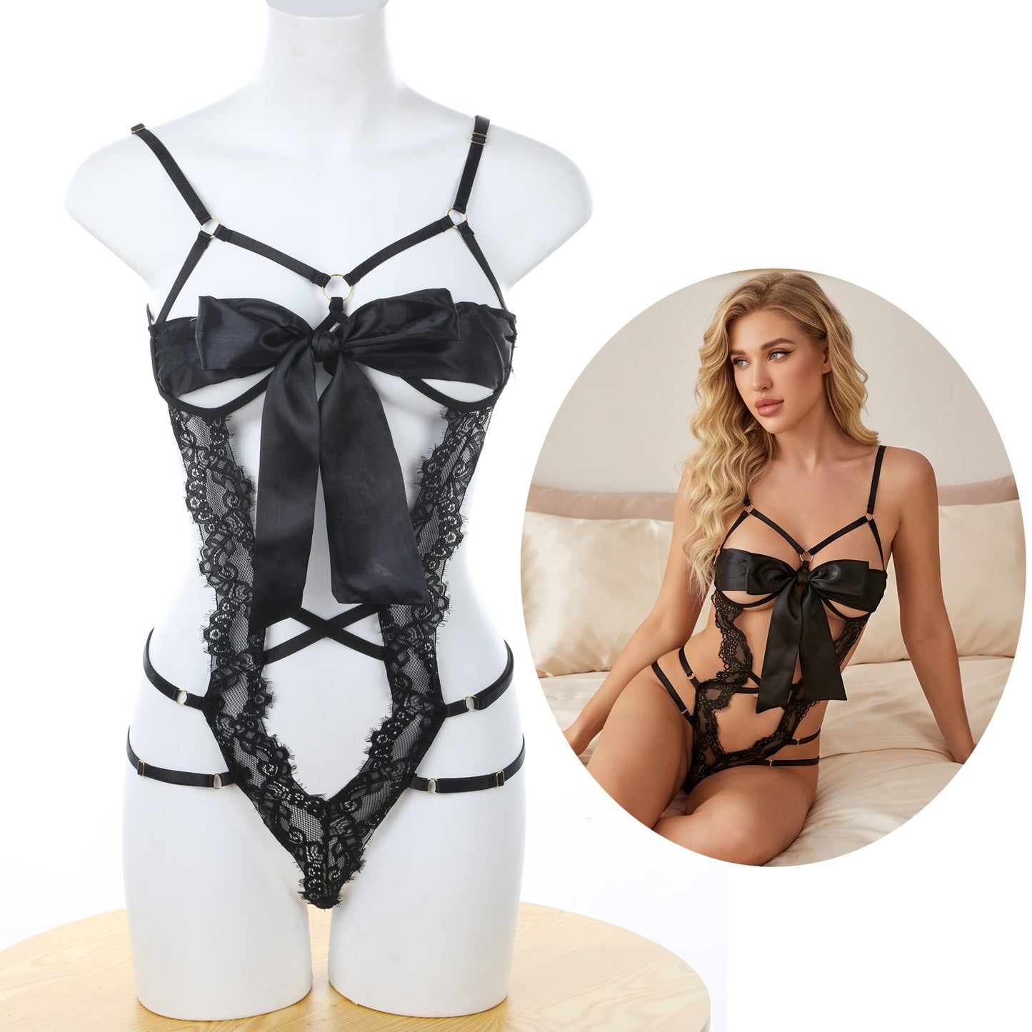 Hadnves Women Lace Bodysuit Deep V Neck Naughty Unwrap Bownot Lingerie