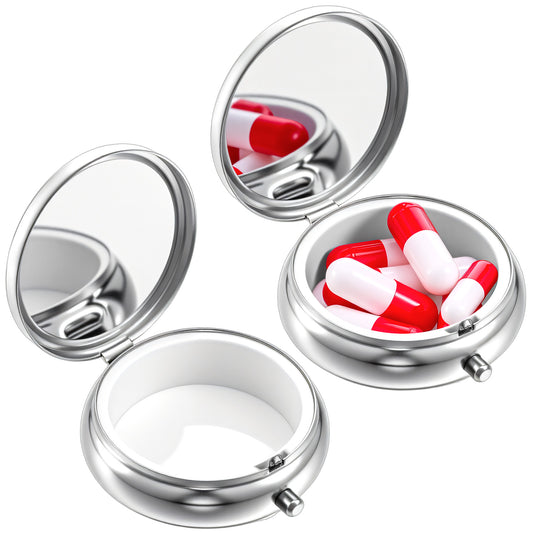 Wanmu Pill Case, 2Pcs Cute Small Pill Box Portable Travel Medicine Organizer for Purse & Pocket, Waterproof Pills Container Holder for Vitamins, Medication, Fish Oil, Supplements (Silver)