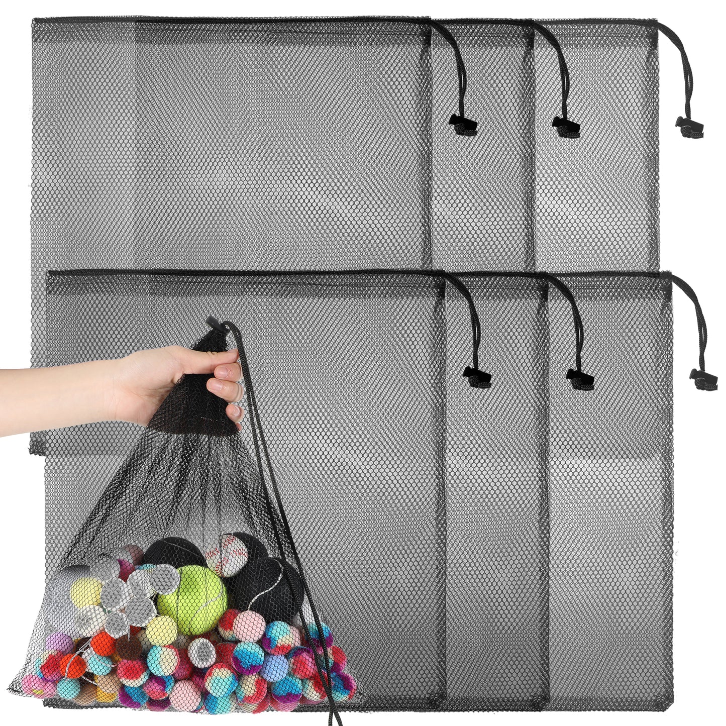 6Pcs Polyester Storage Mesh Bags with Drawstring 25 X 11" Mesh Drawstring Bag Portable Polyester Storages Bags Small Travel Stuff Bag for Fruit Vegetables Grocery Shopping Storage Toys