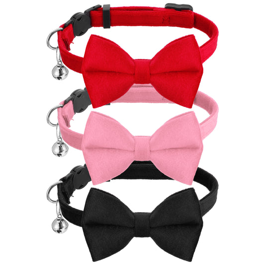 3 Pcs Cat Collar with Bow Tie Bell Personalized Breakaway Kitten Collar Small Puppy Safety Adjustable Kitty Bowtie Collar Removable Solid Wedding for Pet Supplies Accessories