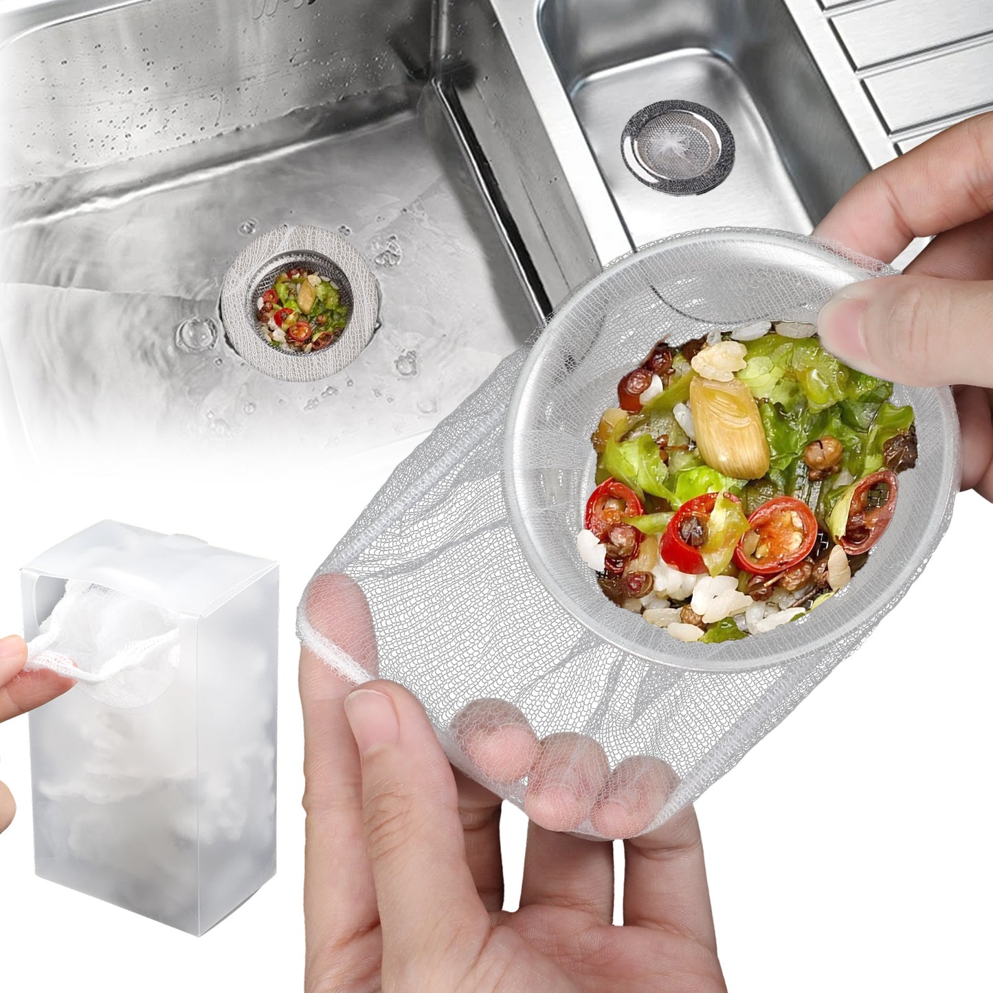 QFGasre 300pcs Kitchen Sink Strainer Mesh Bag Disposable Sink Strainer Covers Essentials Sinks Filter Net Fine Elastic Mesh Food Catchers Fit Most Strainers for Kitchen Bathroom Tub Scraps Hair Debris