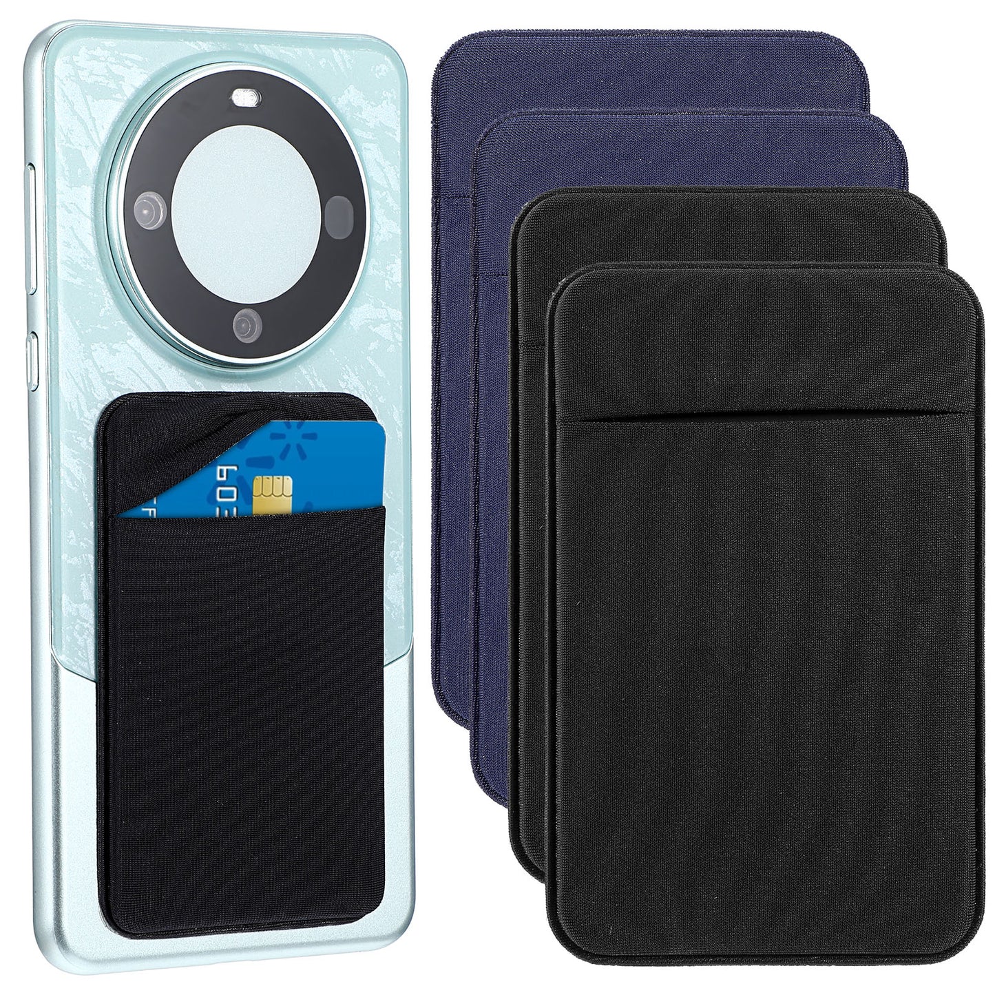 Wanmu 4 Pcs Adhesive Cell Phone Card Holder Pocket, Phone Stick On ID Card Wallet Credit Card Holder, Self Adhesive Sticker Case for Back of Android and All Smartphones (2 Black & 2 Blue)