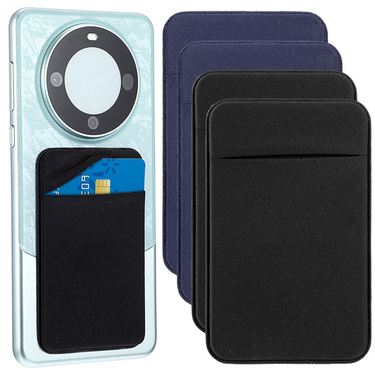 Wanmu 4 Pcs Adhesive Cell Phone Card Holder Pocket, Phone Stick On ID Card Wallet Credit Card Holder, Self Adhesive Sticker Case for Back of Android and All Smartphones (2 Black & 2 Blue)