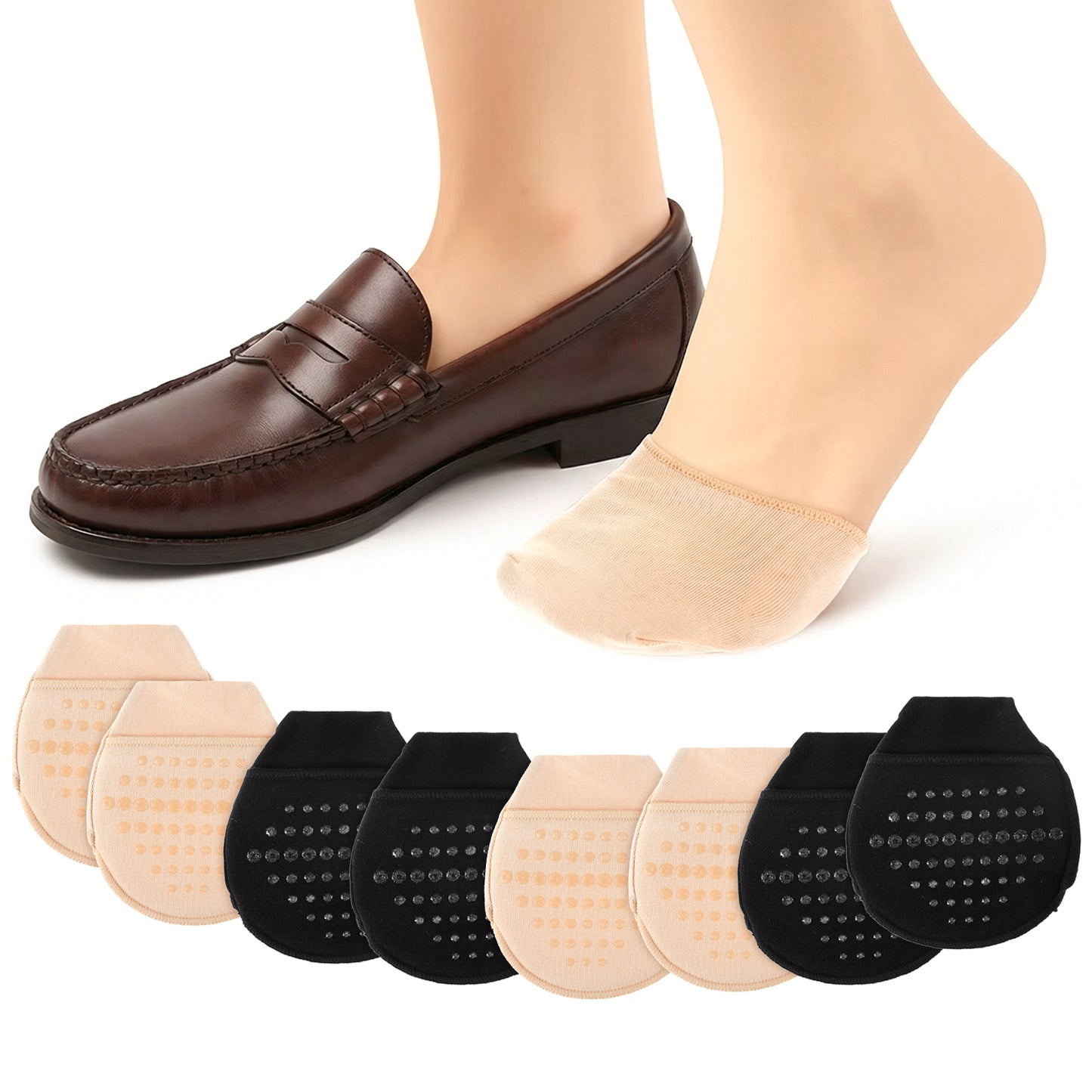 Hadnves 4 Pairs Ball of Foot Cushion Socks Women's Toe Cover with Padding Half Toe Topper Socks with Non-slip Liners No Show Cotton Toes Topper Hidden Toes Cap Liner Sock for Clogs Mules