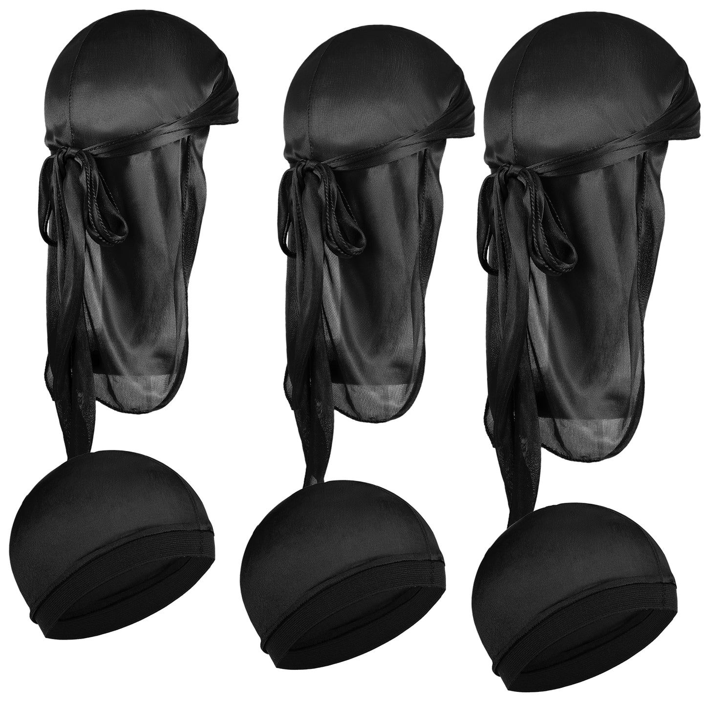 KFHENSOMR 6 Pcs Kids Silky Durag with Wave Caps Set Polyester Durags Head Wrap Unisex Durags Long Tail and Wide Strap Headwraps Turban Beanies for Boy Girls (Black)