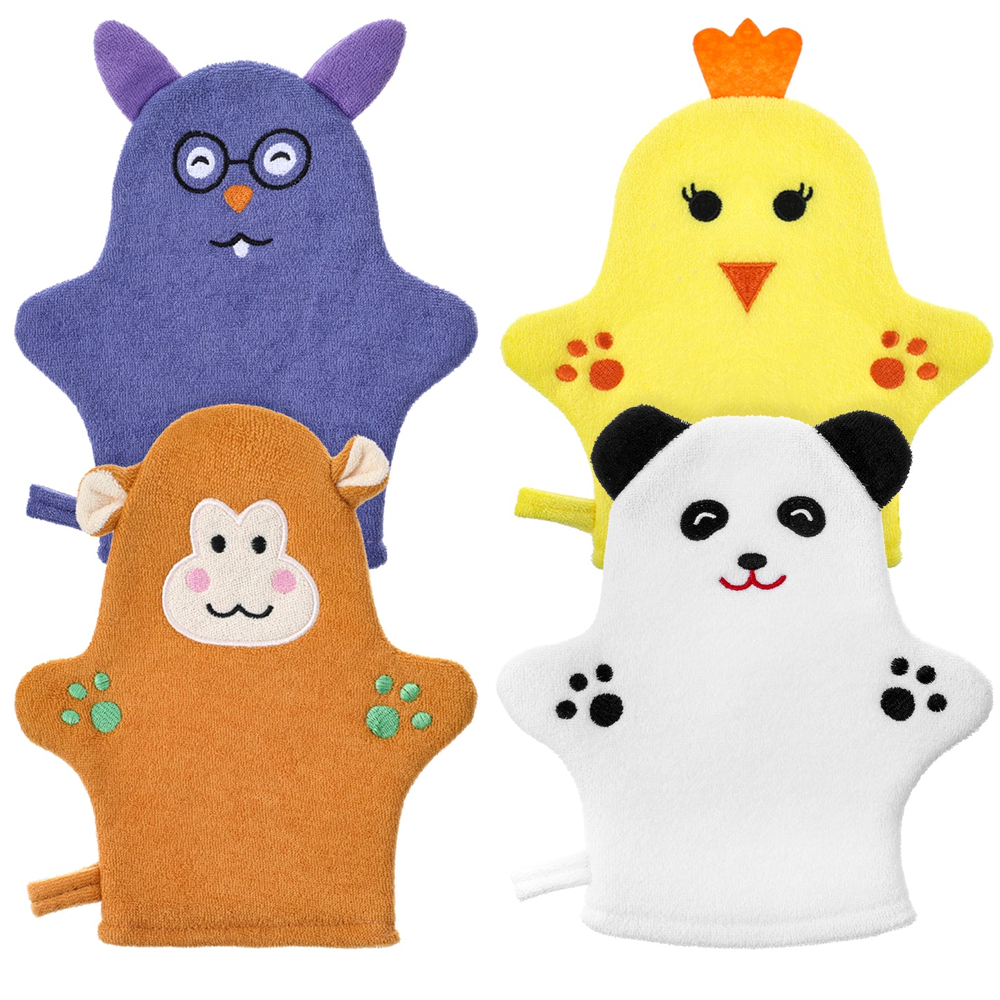 FNANJWQ 4 Pcs Baby Bath Mitt Washcloths Gloves, Gentle Scrub Cotton Towel for Kids Designed in Cute Animal Microfiber Soft Washcloths for Baby Girl Boy Bath Shower