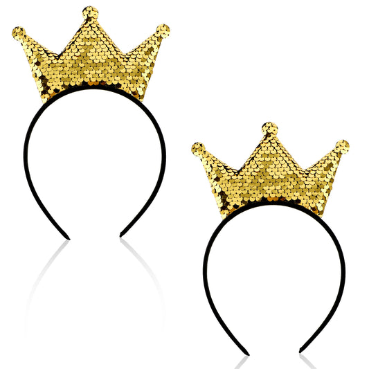 2 Pcs Sequin Crown Headband Princess Glitter Hair Band Shiny Gold Hair Hoop Cute Hair Styling Clip Elastic Costume Birthday Headwear for Women Christmas Party Favors Tiaras Supplies