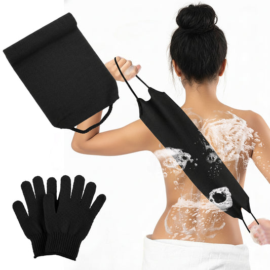 Sibba 3 Pcs Exfoliating Body Scrubber Bath Gloves Set Back Scrubber Shower Towel Double Sided Bath Gloves for Exfoliator, Back Washer for Body Scrub, Remove Dead Skin