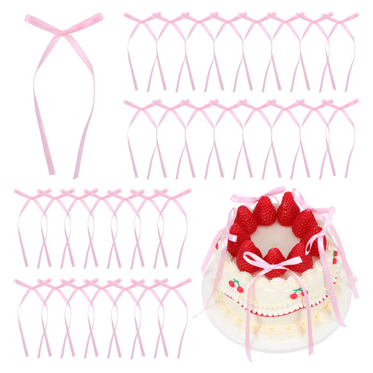 30pcs Pink Satin Ribbon Bows Twist Tie Bows Decor Bow Cake Toppers Coquette Light Pink Bowknot High Footed Cup Balloon Wall Party Decoration Bridal Cake Dessert Pick for Craft Wrapping Birthday