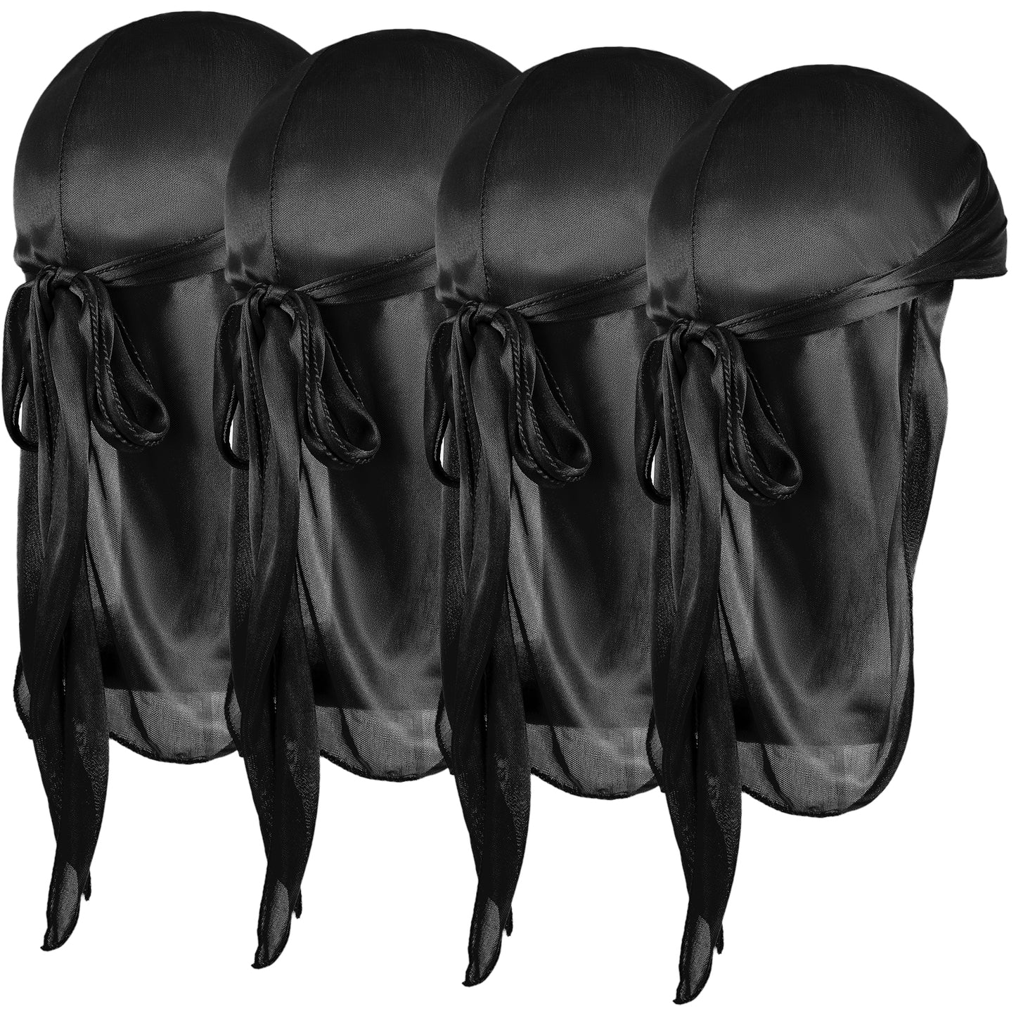 Wanmu 4 Pcs Satin Durags Head Wrap Silky Durag with Wave Caps Set Headwraps with Long Tail Wide Strap 360 Waves Cap Silky Satin Durag Extra Long Tails for Boys Girls Black