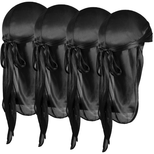 Wanmu 4 Pcs Satin Durags Head Wrap Silky Durag with Wave Caps Set Headwraps with Long Tail Wide Strap 360 Waves Cap Silky Satin Durag Extra Long Tails for Boys Girls Black