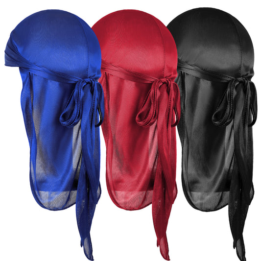 Wanmu 3Pcs Kids Satin Durags Head Wrap Soft Silk Durag Cap with Long Tail and Wide Straps for Boy Toddler Girls 360 Waves(Black, Blue, Burgundy)