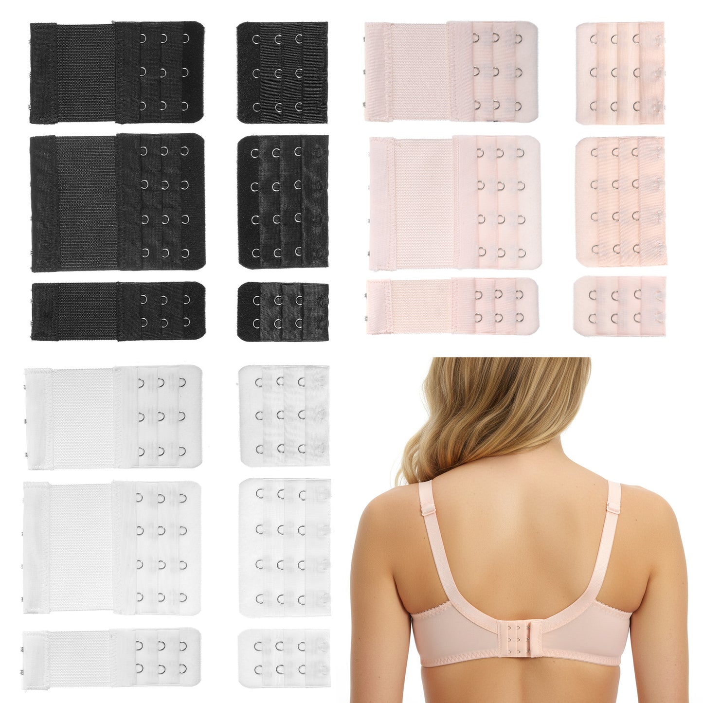 ElevateTech Bra Extenders 3 Hooks 3 Rows, 18 Pcs Elastic Bra Band Extender for Women Soft Comfortable Bra-Extension Strap Adjustable Stretchy Back Lady's Bra-Strap Extender (Black, White, Nude)