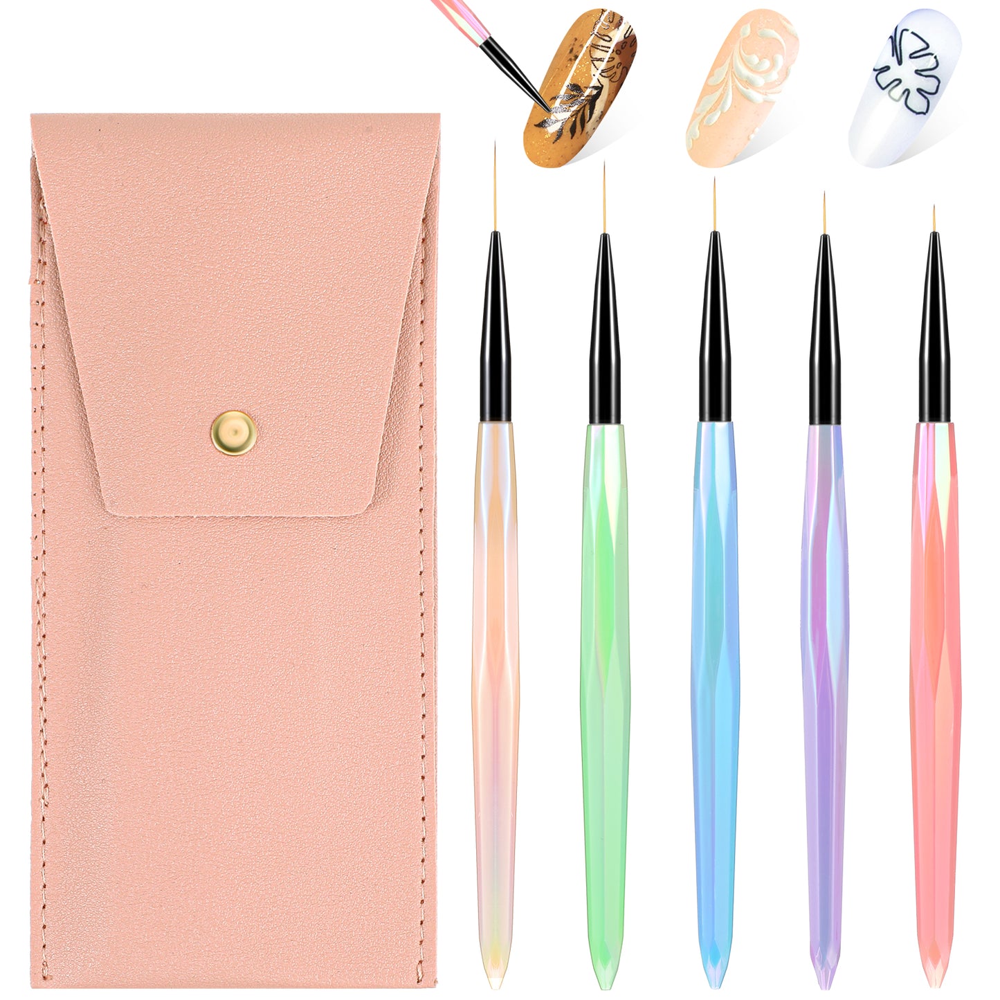 Wanmu 5Pcs Nail Art Brushes, Thin Liner Nail Art Brush Set - 6/9/12/15/18 mm, Nail Dotting Drawing Tool for Nail Gel Polish Painting, Designs - for Long Lines, Thin Details, Fine Drawing