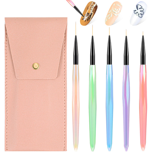 Wanmu 5Pcs Nail Art Brushes, Thin Liner Nail Art Brush Set - 6/9/12/15/18 mm, Nail Dotting Drawing Tool for Nail Gel Polish Painting, Designs - for Long Lines, Thin Details, Fine Drawing
