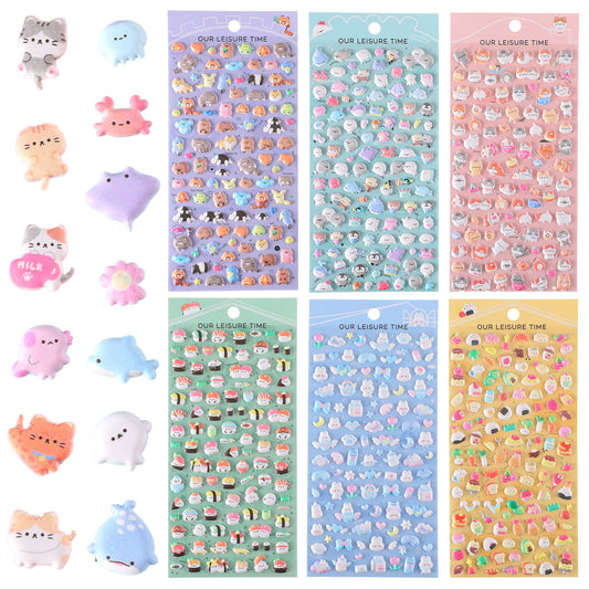 Sibba Cute Mini Puffy Stickers, 6 Sheets 3D Kawaii Animal Stickers, Tiny Sticker Funny Food Cartoon Pattern for Phone Case, Notebooks, Scrapbook, Crafting and Gifting