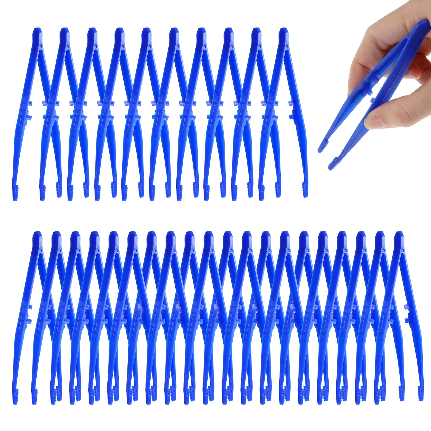 Sibba Plastic Tweezers 30 Pcs Disposable First Aid Pickup Grabbers Blue Lab Tweezers with Finger Ridges Serrated Tips Tweezers for Beading Projects Craft DIY Science Class