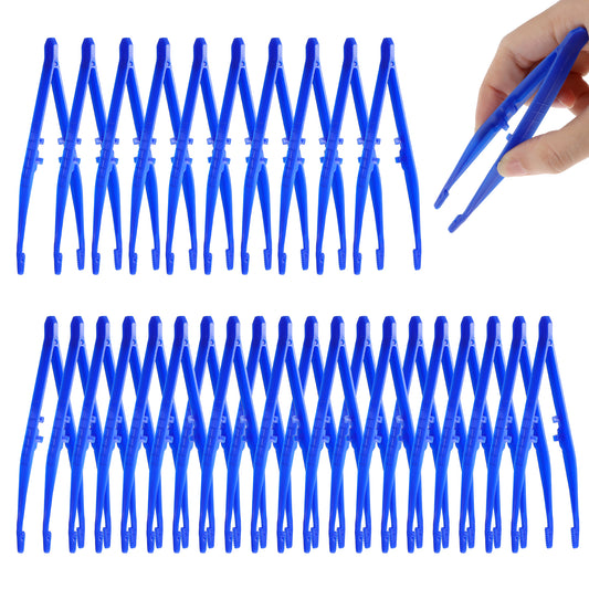 Sibba Plastic Tweezers 30 Pcs Disposable First Aid Pickup Grabbers Blue Lab Tweezers with Finger Ridges Serrated Tips Tweezers for Beading Projects Craft DIY Science Class