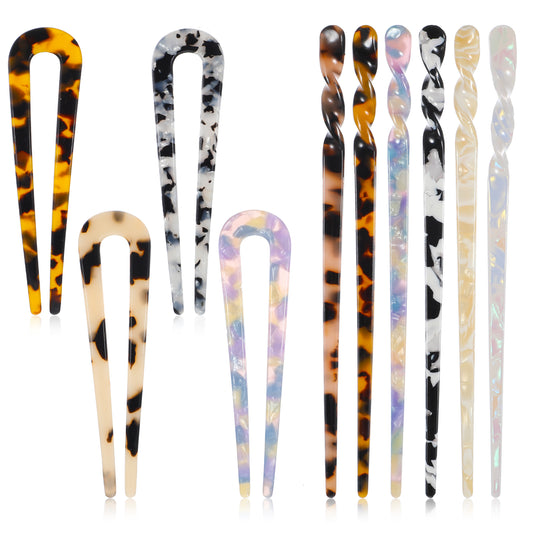 10 Pcs Acetate Hair Sticks Set U-Shaped Straight Chopsticks Hairpin Vintage Tortoise Shell Hair Pins French Classic Updo Hair Pins Clips Long Retro 2 Prong Bun Hair Styling Accessories For Women Girls