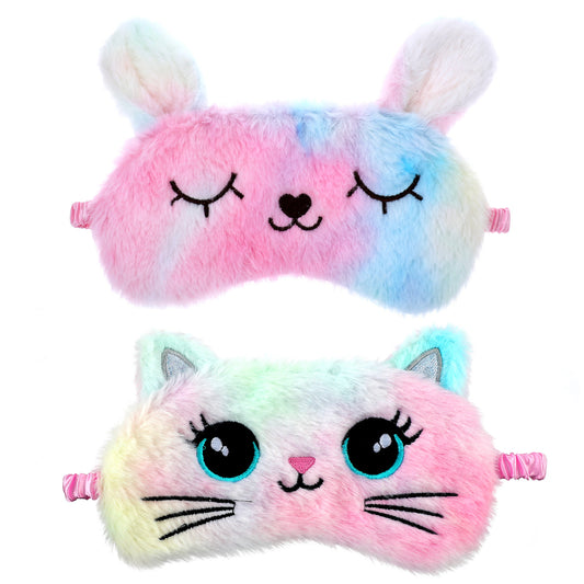 2 Pcs Plush Eye Mask Soft Sleeping Blindfold Eye Cover Comfortable Cute Animal Sleeping Mask Satin Nap Night Eyeshade Cover for Women Men Gift (Multicolor, Cat&Rabbit Style)