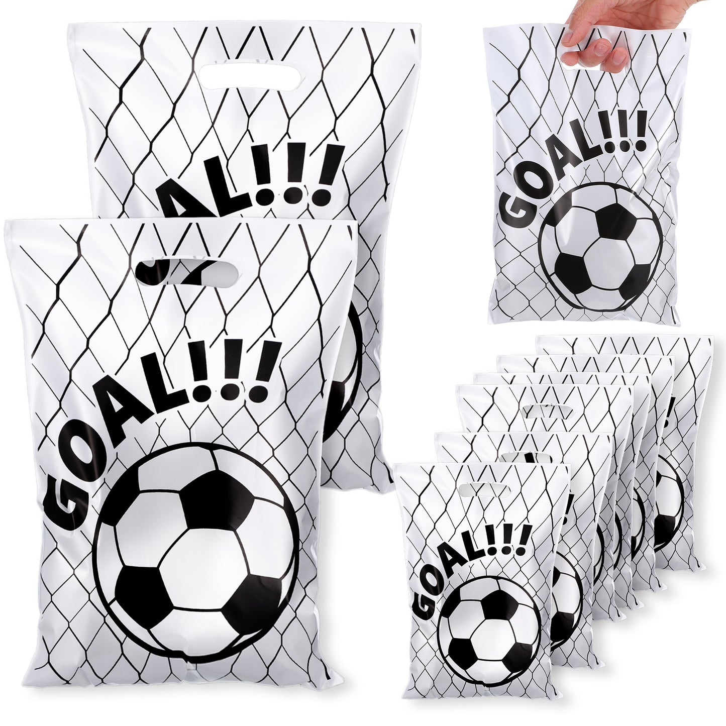 COMNICO ElevateTech 50pcs Soccer Gift Bags Plastic Goodie Bags Soccers Print Candy Treats Soccer Present Party Favor Bag for Sports Theme Birthday Party Decor Supplies