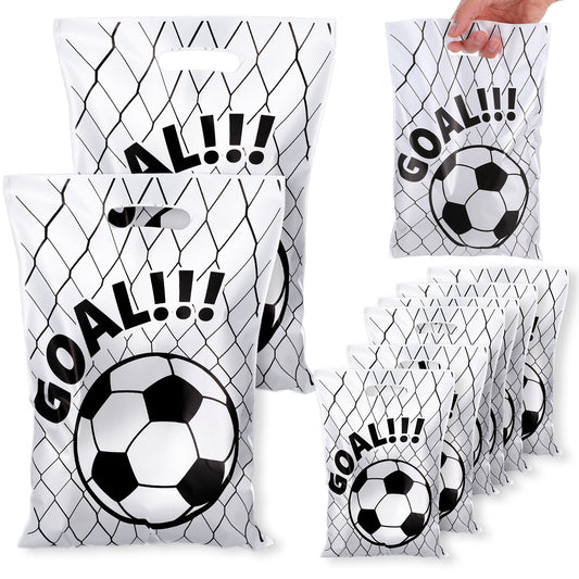 COMNICO ElevateTech 50pcs Soccer Gift Bags Plastic Goodie Bags Soccers Print Candy Treats Soccer Present Party Favor Bag for Sports Theme Birthday Party Decor Supplies