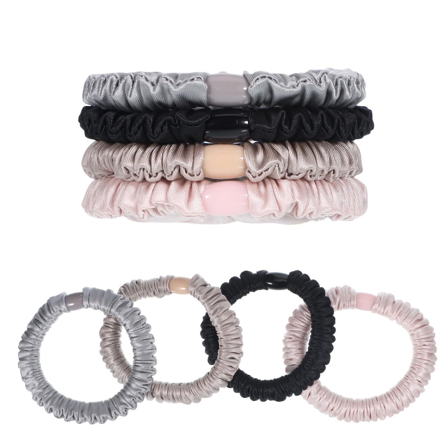 QFGasre 8Pcs Scrunchies Hair Ties Silk Hair Bands Ponytail Holders Silk Satin Skinny Scrunchies Thin Soft Elastic Hairs Accessories for Women No Damage Black Pink Blue Champagne