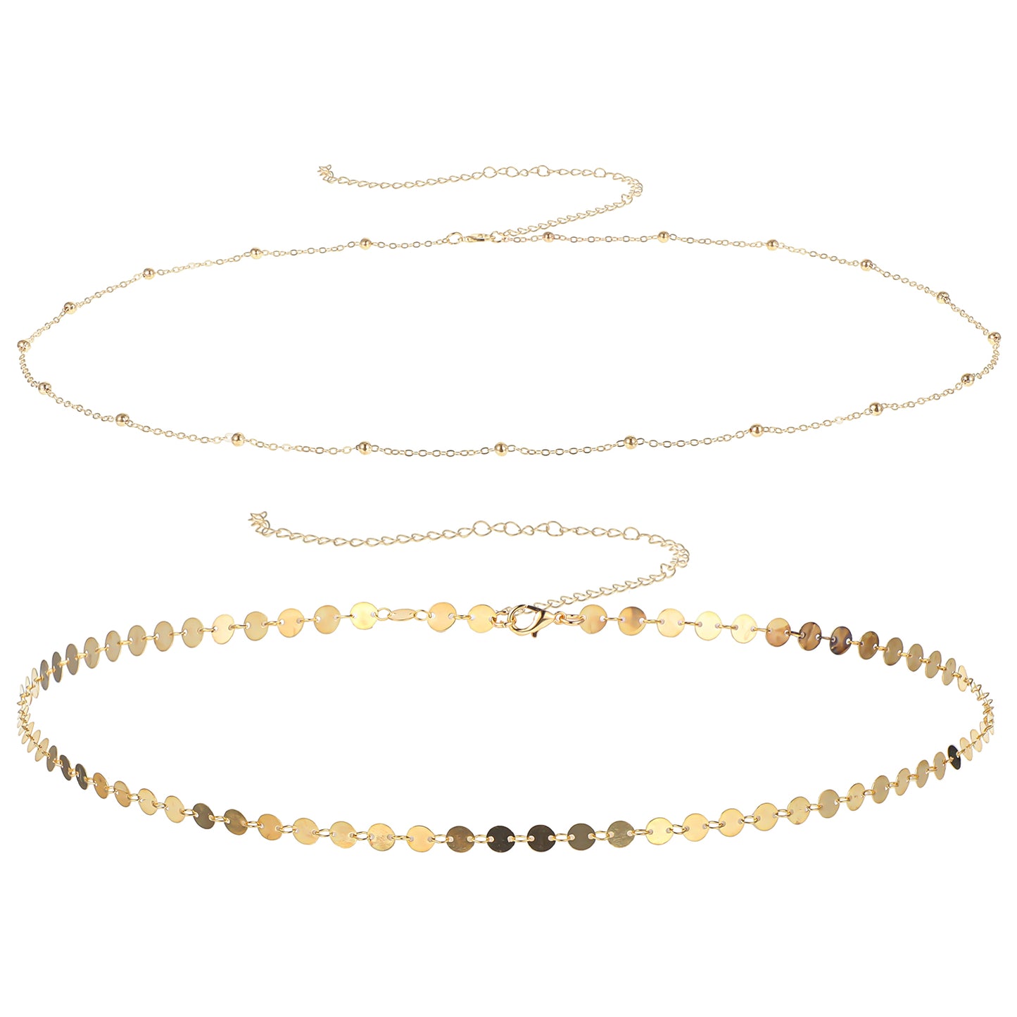 COMNICO Gold Waist Chain, 2Pcs Layered Belly Chain Adjustable Metal Link Body Chain Belt Waterproof Bikini Waist Beads Chain Dainty Satellite Beads Coin Chain Jewelry Gifts for Women